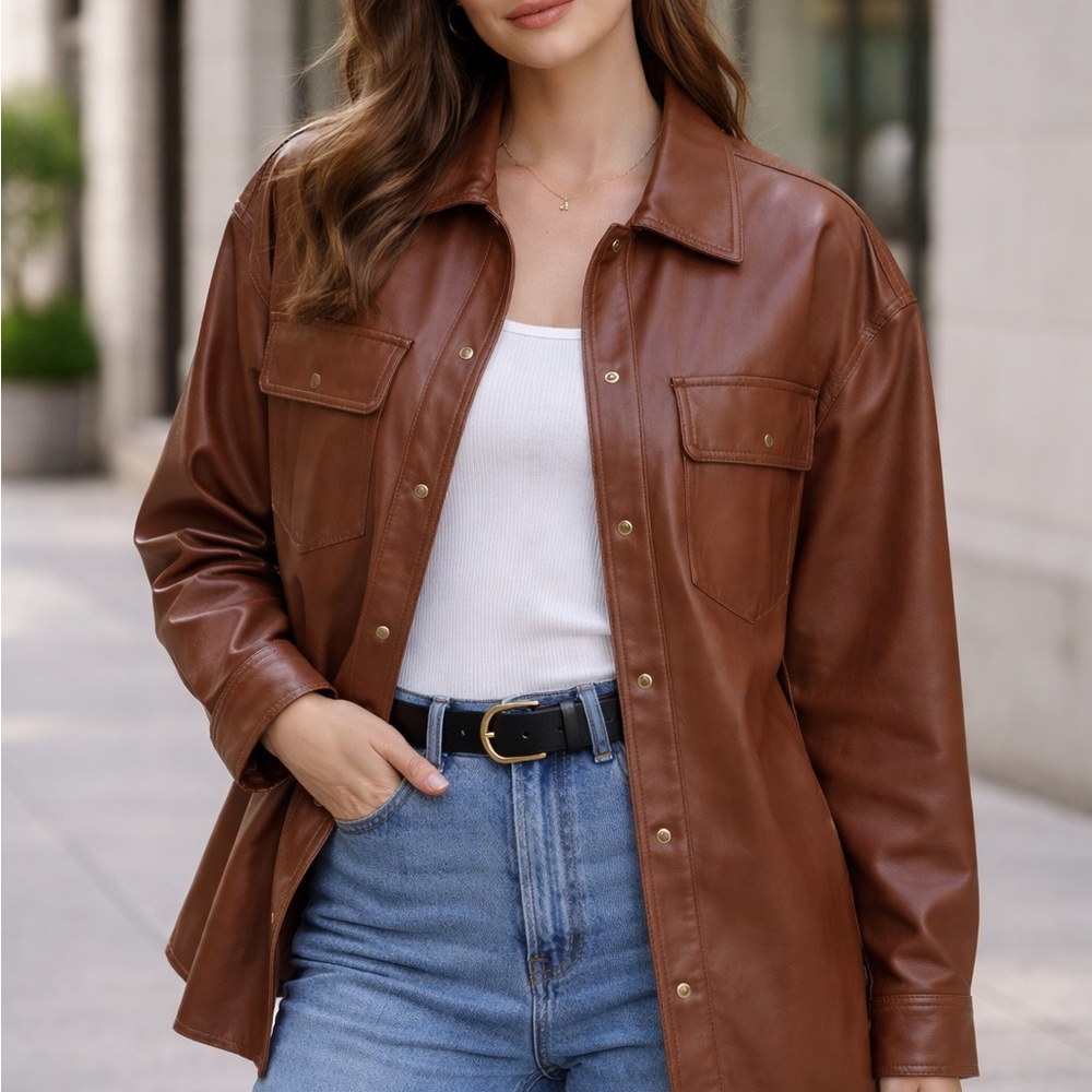 Bershka Brown Faux Leather Jacket for Women